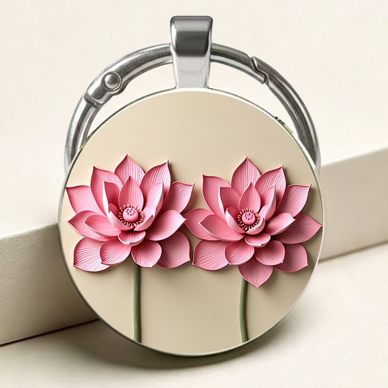 Double Pink Lotus Flowers Keychain with Realistic Pattern